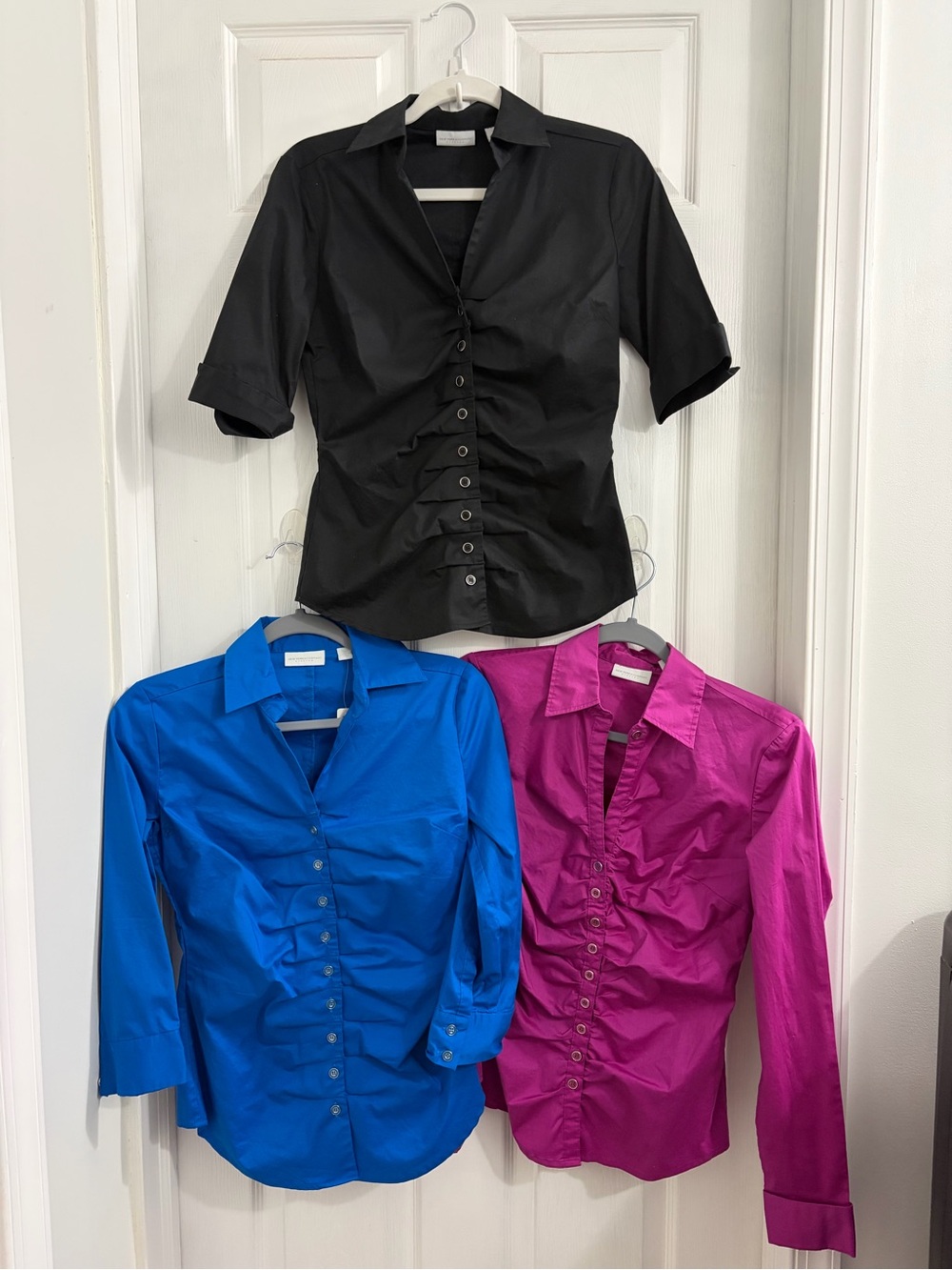 3 Ruching Button-Front Women's blouses- Black, Blue, Fuchsia. Size XS $15